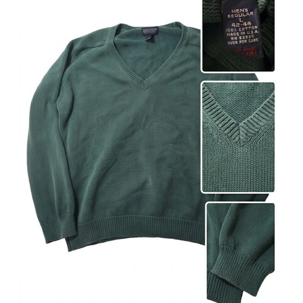 Vintage 90s Lands End Drifter Sweater Mens Large Green V Neck Cotton Made in USA